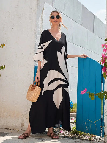 Brianna - Batwing Sleeve V-Neck Maxi Split Kaftan Beach Dress