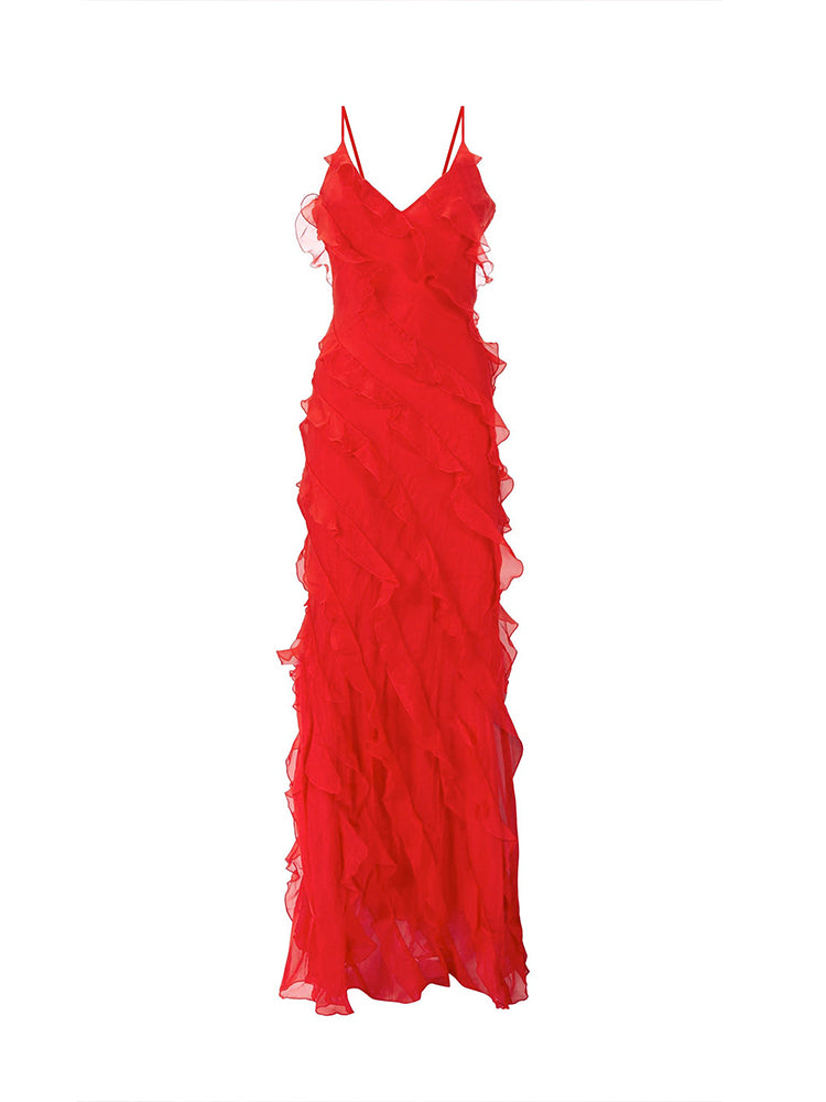 Camille - Red backless maxi dress with side slit and ruffle detail