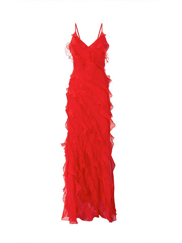 Camille - Red backless maxi dress with side slit and ruffle detail