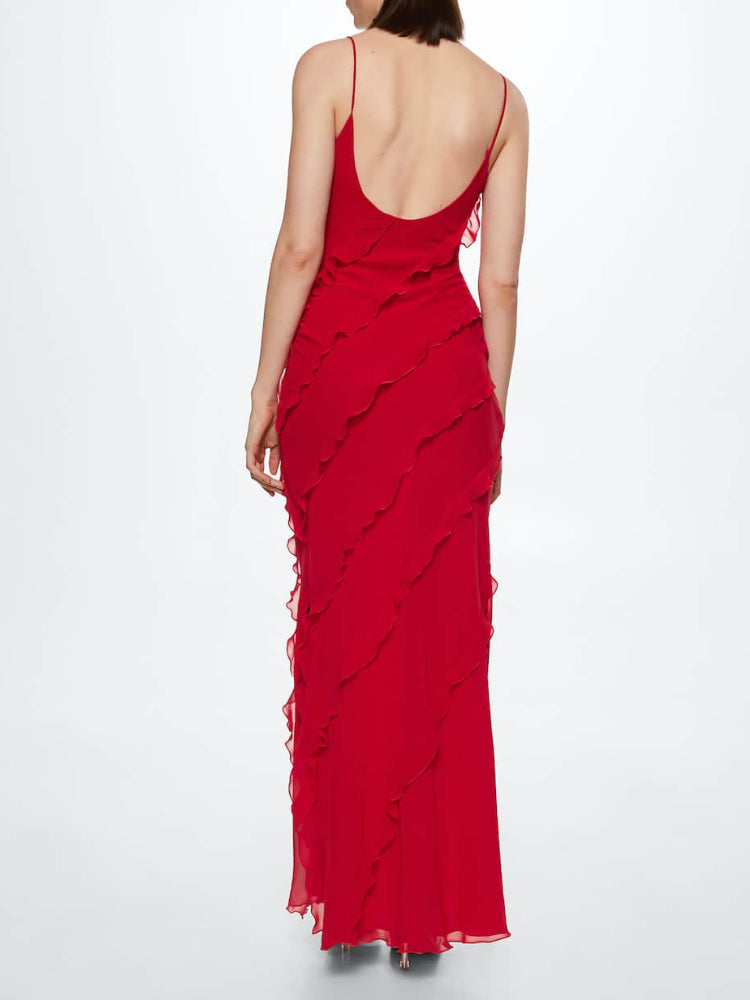 Camille - Red backless maxi dress with side slit and ruffle detail