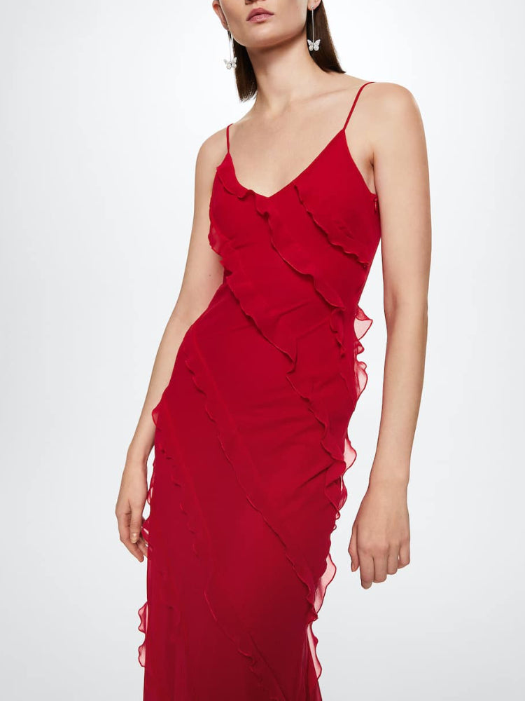 Camille - Red backless maxi dress with side slit and ruffle detail