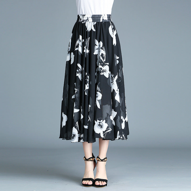 Alyshia - Modern retro skirt printed chiffon dress pleated skirt