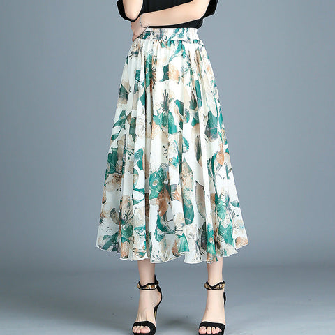 Alyshia - Modern retro skirt printed chiffon dress pleated skirt