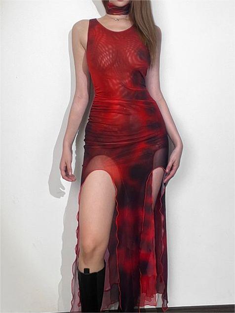 Bernice - Red bodycon mesh maxi dress with slit