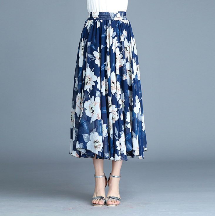 Alyshia - Modern retro skirt printed chiffon dress pleated skirt