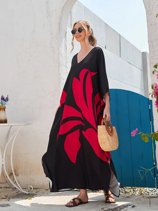 Brianna - Batwing Sleeve V-Neck Maxi Split Kaftan Beach Dress