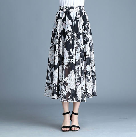 Alyshia - Modern retro skirt printed chiffon dress pleated skirt