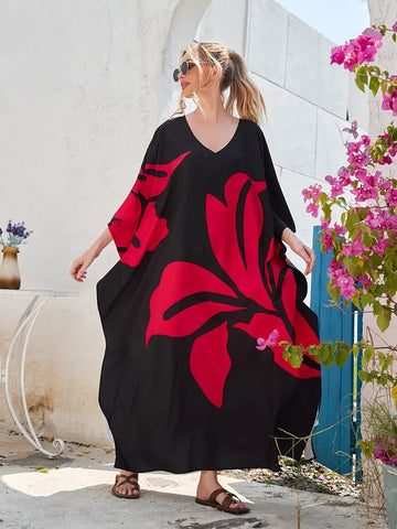 Brianna - Batwing Sleeve V-Neck Maxi Split Kaftan Beach Dress