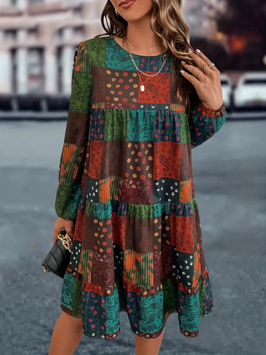 Zemira - Simple boho mini dress with lantern sleeves and patchwork print