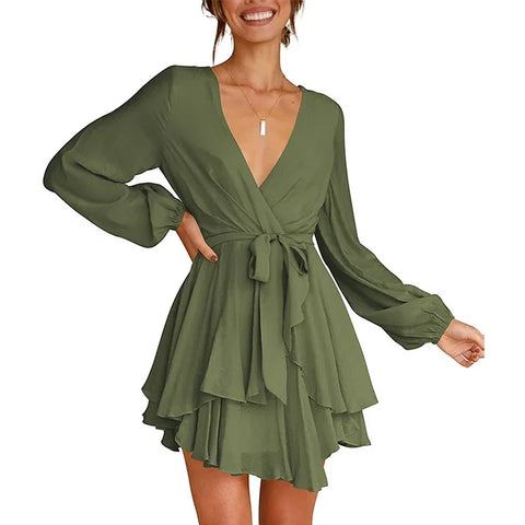 Carmen - Casual V-neck Waist Tie Ruffle Mini Swing Dress