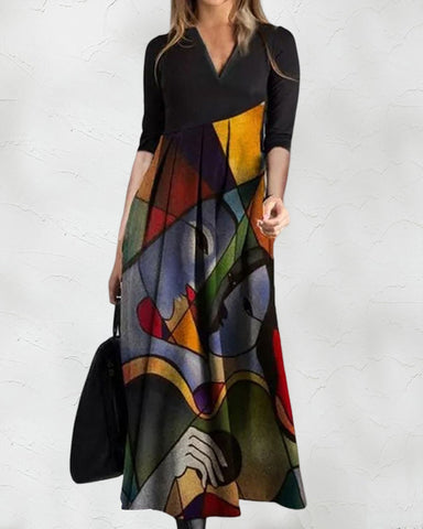 Idalia - Long sleeve color block maxi dress