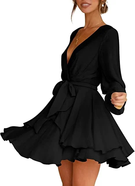 Carmen - Casual V-neck Waist Tie Ruffle Mini Swing Dress