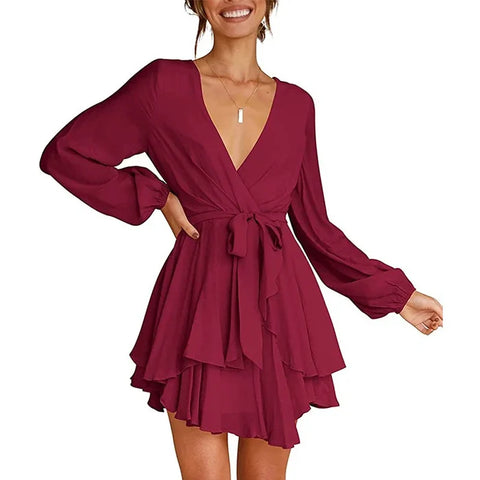 Carmen - Casual V-neck Waist Tie Ruffle Mini Swing Dress