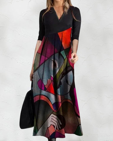 Idalia - Long sleeve color block maxi dress