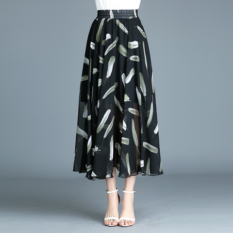 Alyshia - Modern retro skirt printed chiffon dress pleated skirt