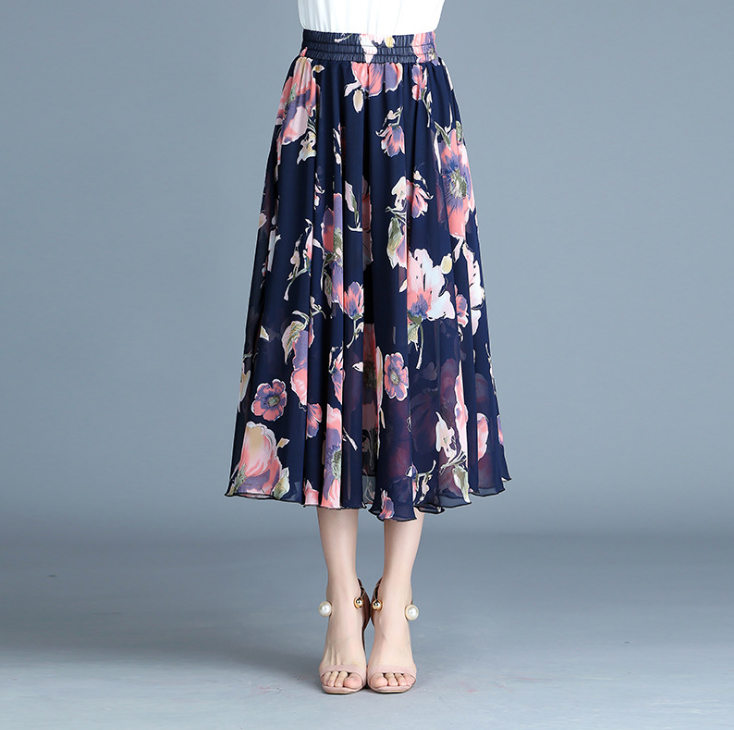 Alyshia - Modern retro skirt printed chiffon dress pleated skirt