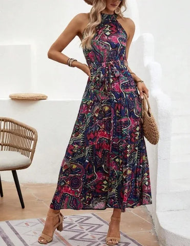 Alexandra - Retro Maxi Dress with Halter Neck