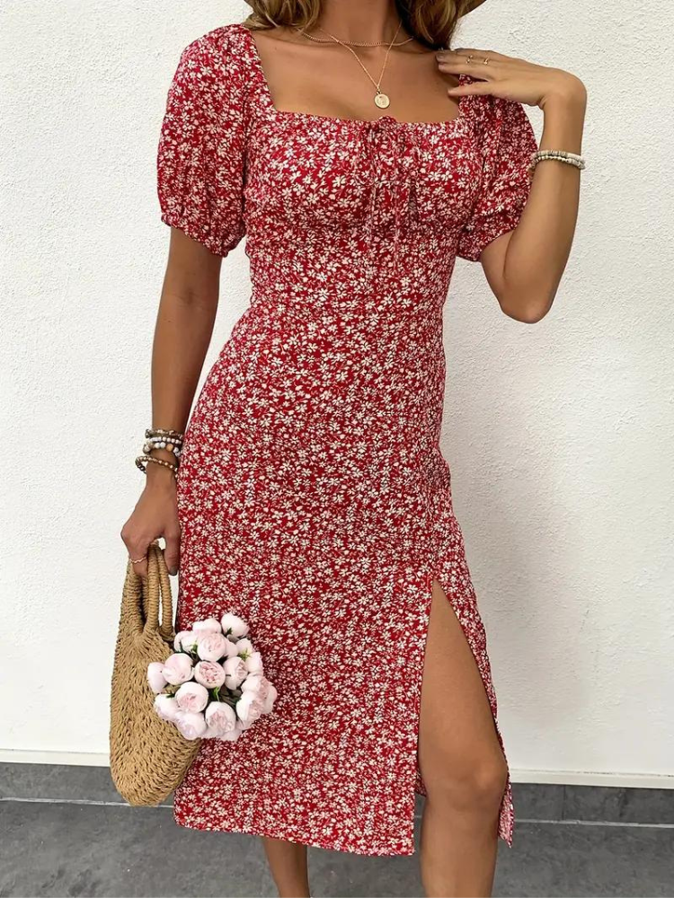 Candace - Floral Dress Puff Midi Dress with Sleeves for Summer