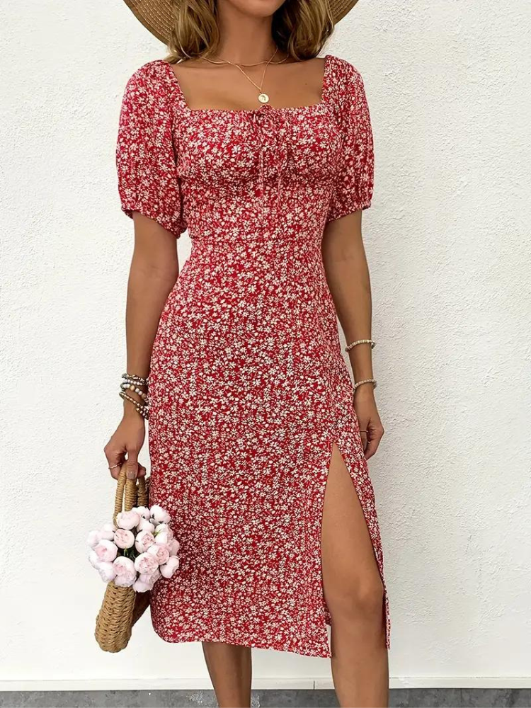 Candace - Floral Dress Puff Midi Dress with Sleeves for Summer