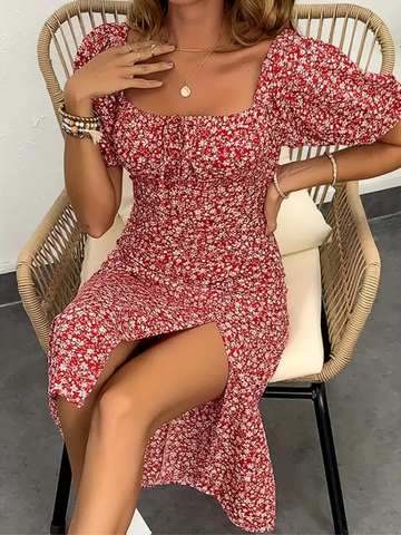 Candace - Floral Dress Puff Midi Dress with Sleeves for Summer