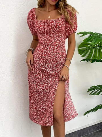 Candace - Floral Dress Puff Midi Dress with Sleeves for Summer