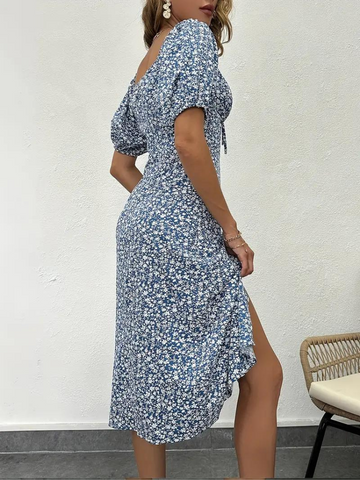 Candace - Floral Dress Puff Midi Dress with Sleeves for Summer