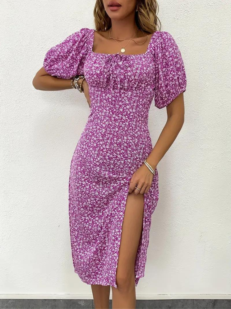 Candace - Floral Dress Puff Midi Dress with Sleeves for Summer