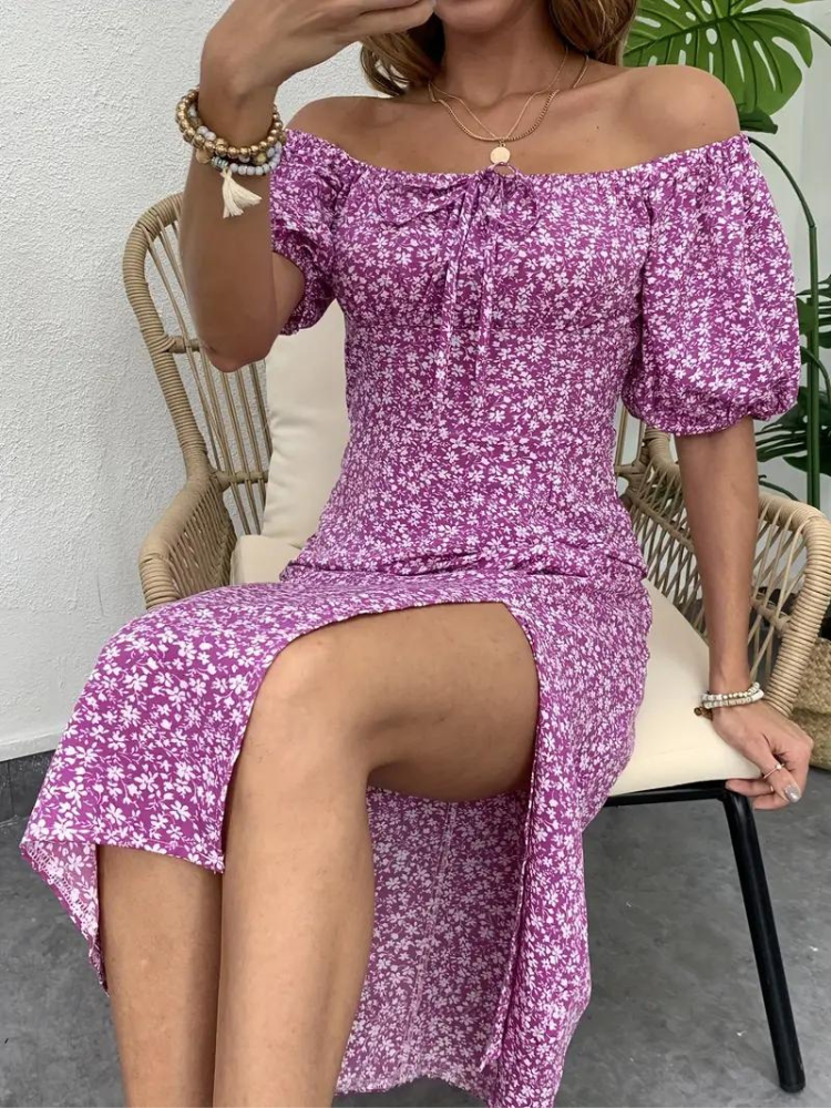 Candace - Floral Dress Puff Midi Dress with Sleeves for Summer