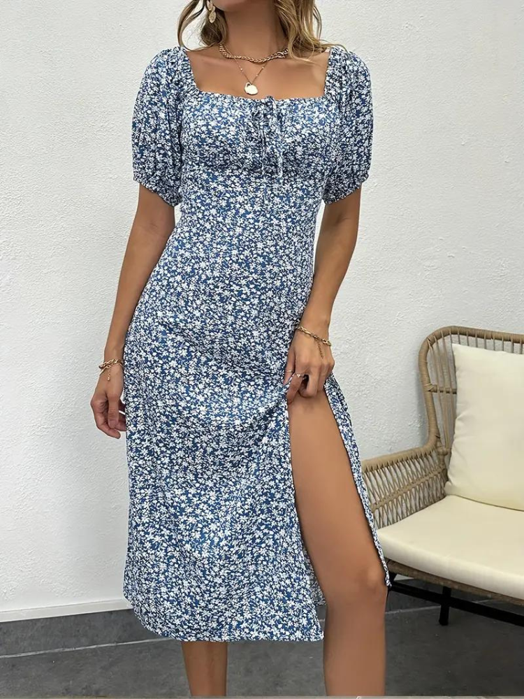 Candace - Floral Dress Puff Midi Dress with Sleeves for Summer