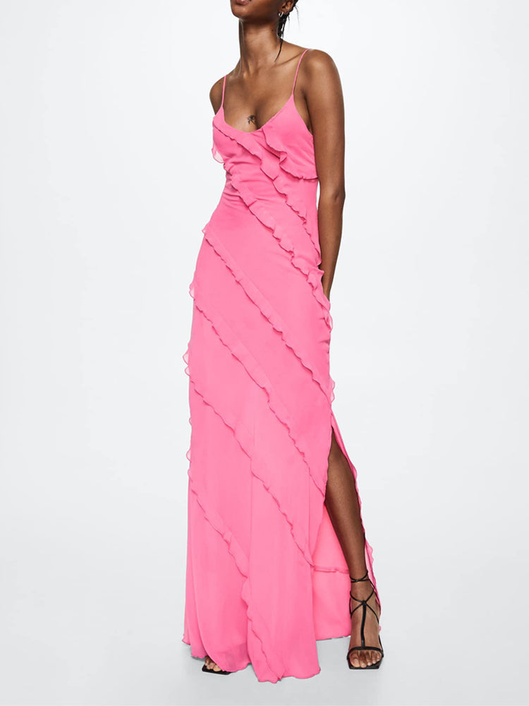 Briallen - Pink backless maxi dress with side slit and ruffle detail