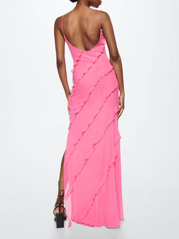 Briallen - Pink backless maxi dress with side slit and ruffle detail