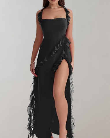 Bernice - Elegant maxi dress with ruffle trim, semi-backless, spaghetti straps and slit detail