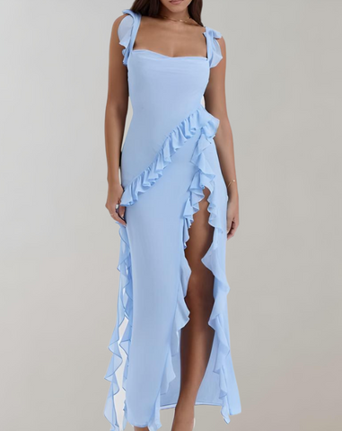 Bernice - Elegant maxi dress with ruffle trim, semi-backless, spaghetti straps and slit detail