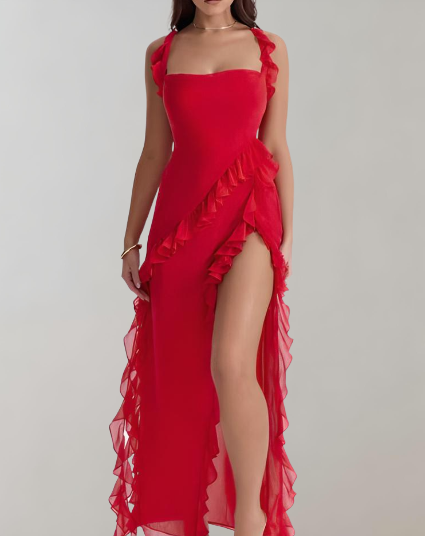 Bernice - Elegant maxi dress with ruffle trim, semi-backless, spaghetti straps and slit detail