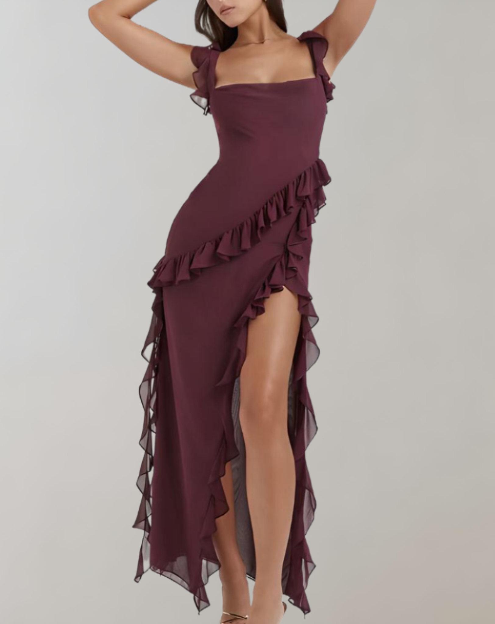 Bernice - Elegant maxi dress with ruffle trim, semi-backless, spaghetti straps and slit detail