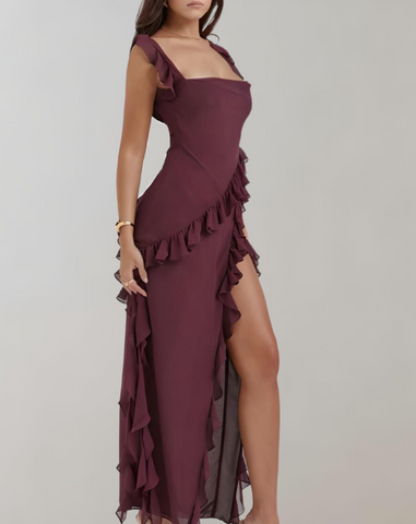 Bernice - Elegant maxi dress with ruffle trim, semi-backless, spaghetti straps and slit detail