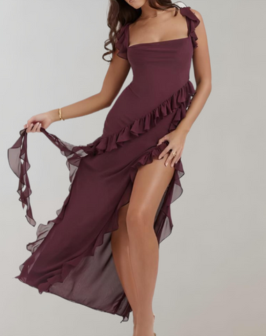 Bernice - Elegant maxi dress with ruffle trim, semi-backless, spaghetti straps and slit detail