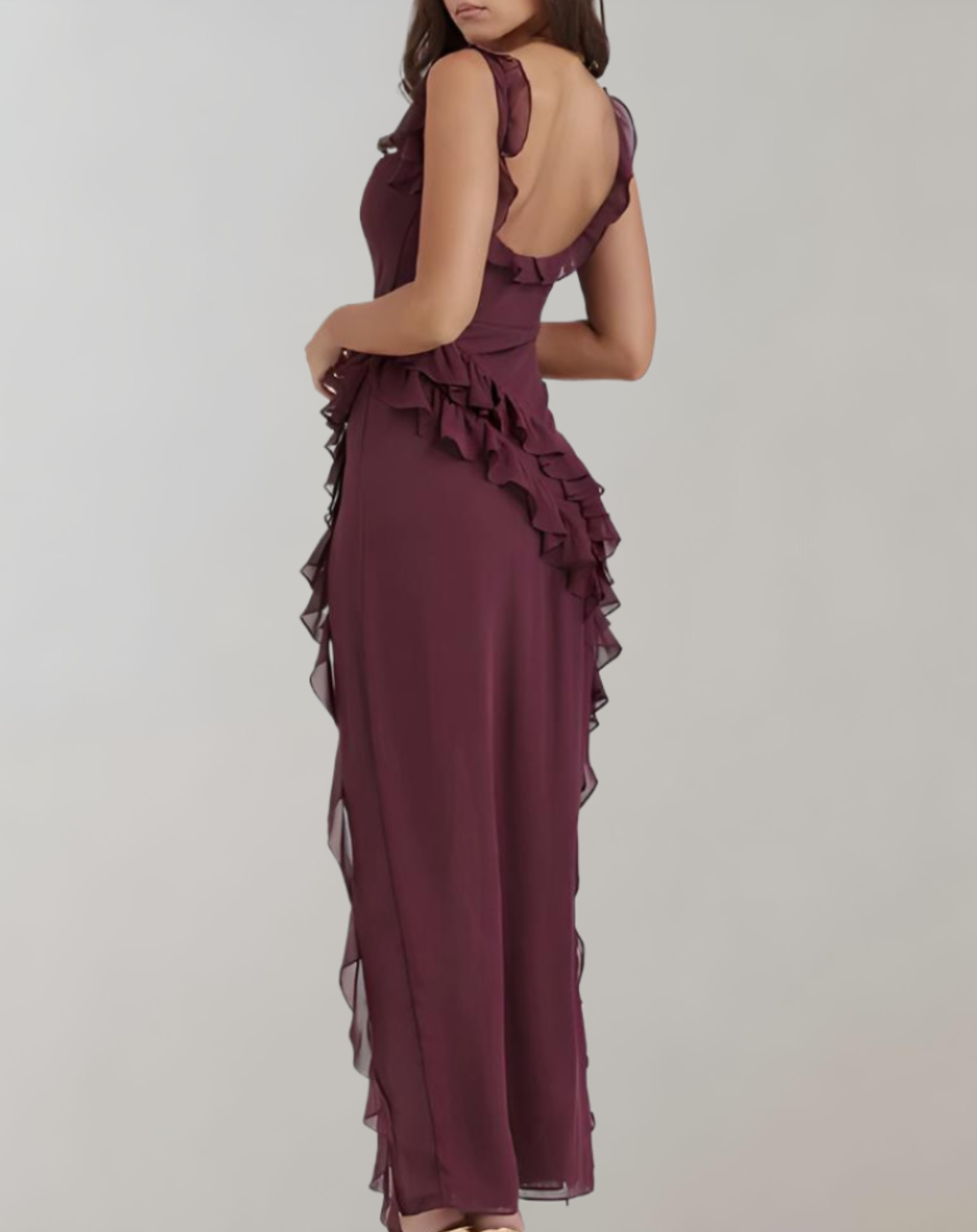 Bernice - Elegant maxi dress with ruffle trim, semi-backless, spaghetti straps and slit detail