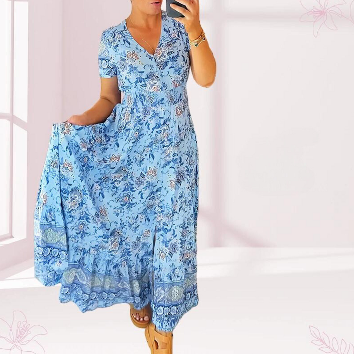 Brenda - Casual floral print long dress with ruched waist and V-neck