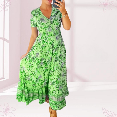 Brenda - Casual floral print long dress with ruched waist and V-neck