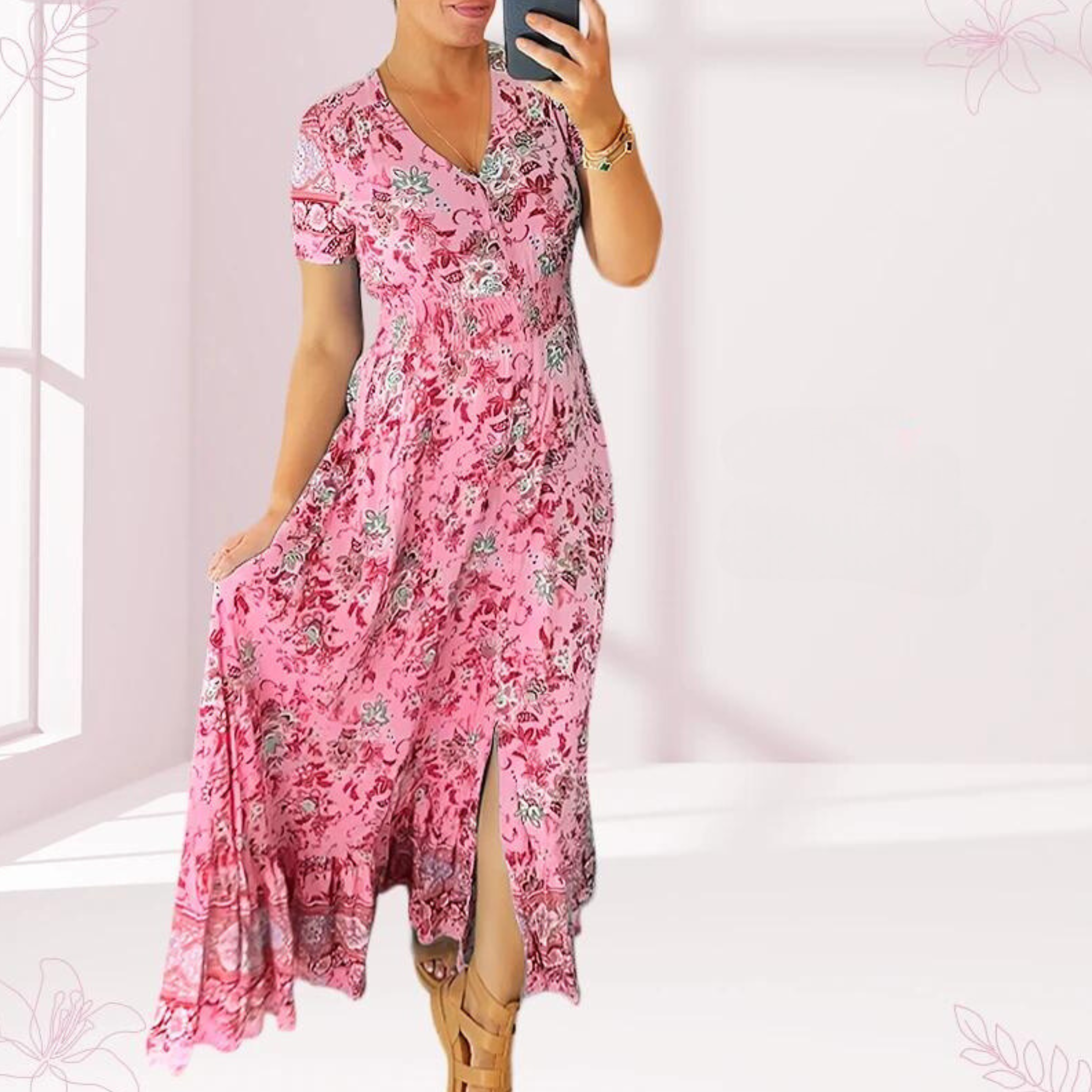 Brenda - Casual floral print long dress with ruched waist and V-neck