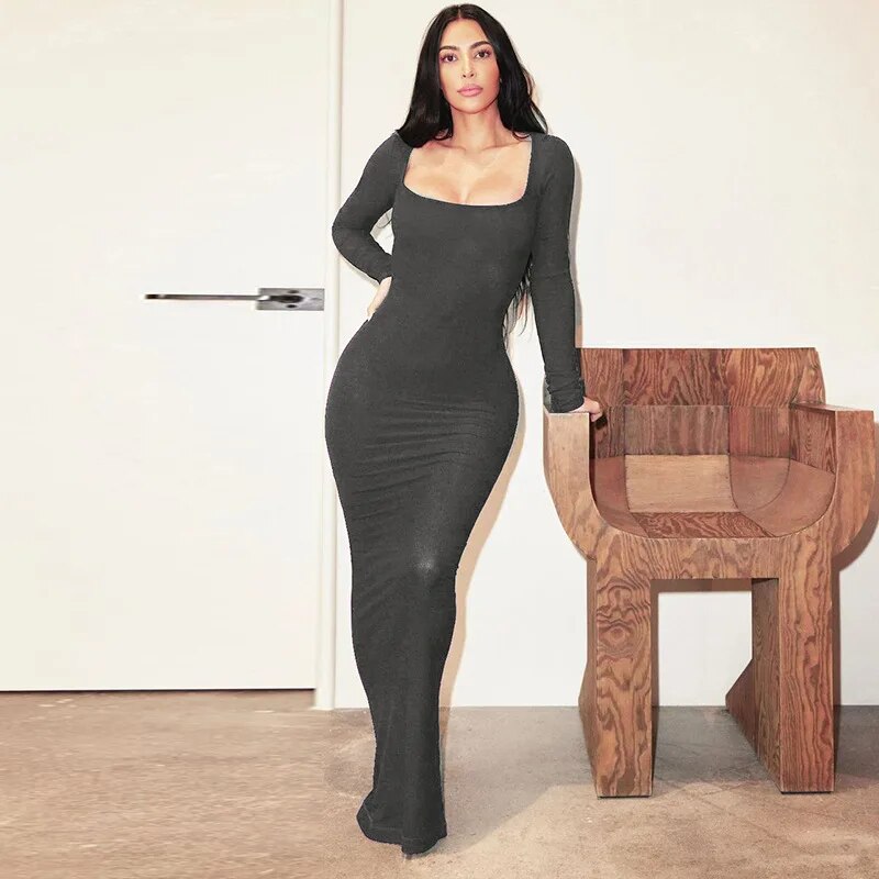 Anne - Long Sleeve Knitted Square Neck Bodycon Maxi Dress