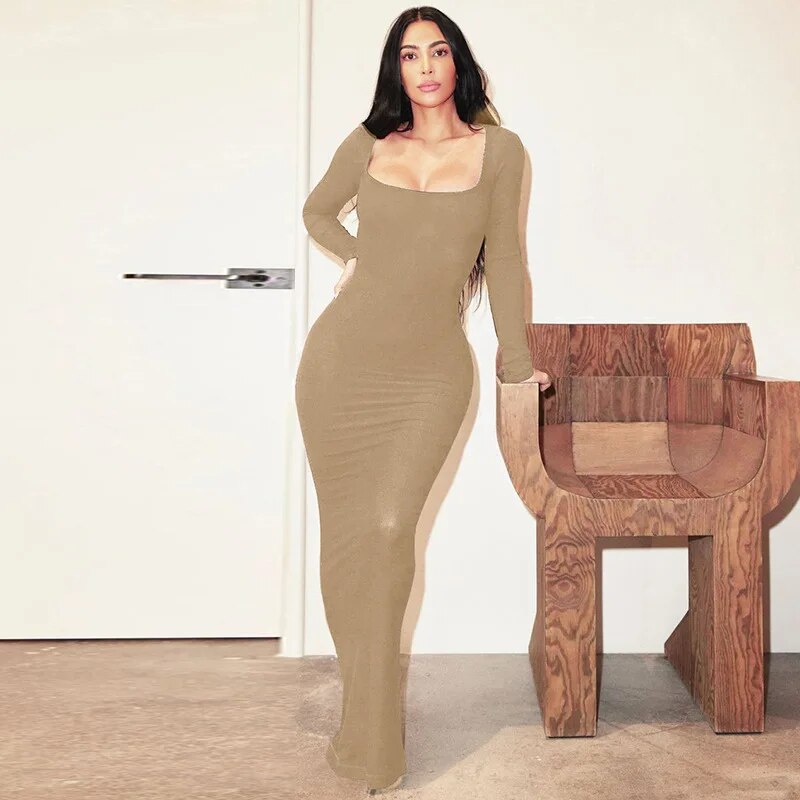 Anne - Long Sleeve Knitted Square Neck Bodycon Maxi Dress