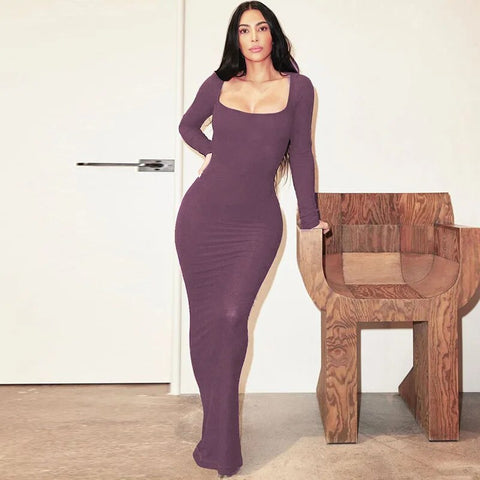 Anne - Long Sleeve Knitted Square Neck Bodycon Maxi Dress