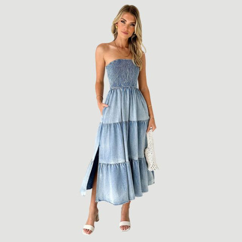 Hilary - Ruffled Denim Maxi Dress with Tiered Skirt