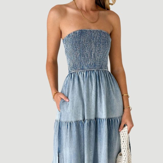 Hilary - Ruffled Denim Maxi Dress with Tiered Skirt