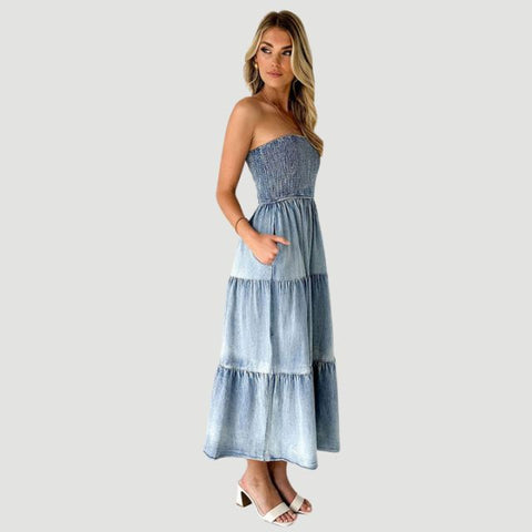 Hilary - Ruffled Denim Maxi Dress with Tiered Skirt