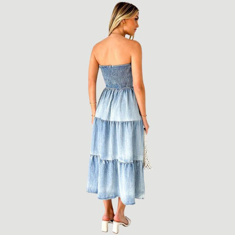 Hilary - Ruffled Denim Maxi Dress with Tiered Skirt