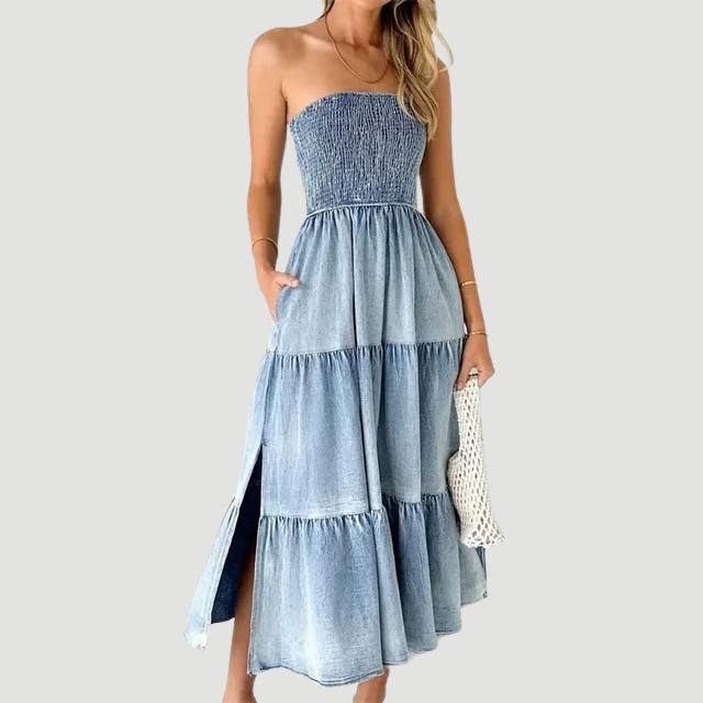 Hilary - Ruffled Denim Maxi Dress with Tiered Skirt