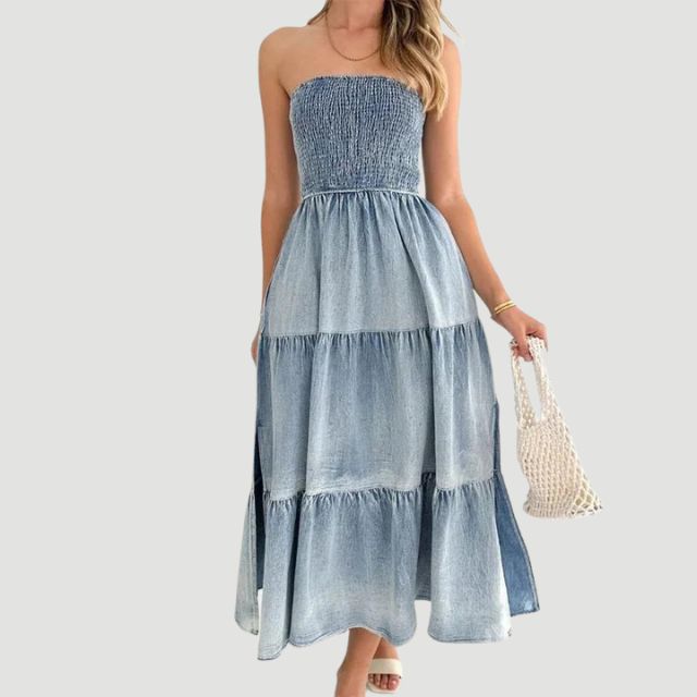 Hilary - Ruffled Denim Maxi Dress with Tiered Skirt